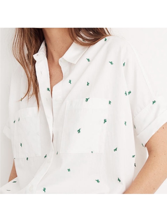 Madewell Tops - Boxy Madewell White Short-Sleeve Button-Down with Green Cactus Embroidery